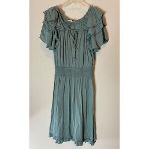 Shabby Chic Dress Bohemian Blue Ruffled Short Sleeve Smocked Waist XS